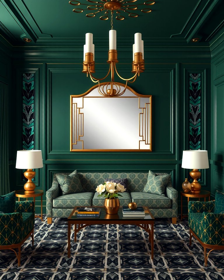Dark Green Art Deco Living Room