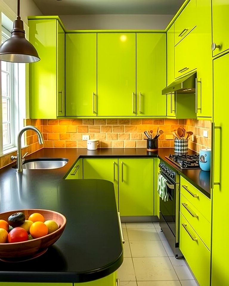 Eco-Friendly Green Kitchen Cabinets with Black Countertops