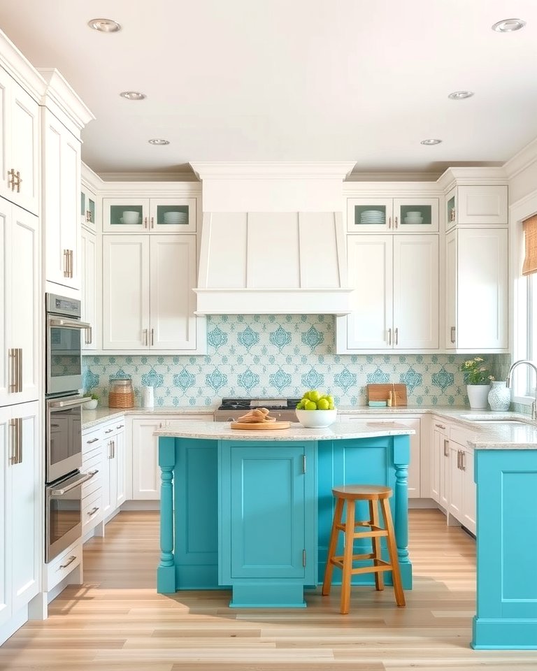25 White Kitchen Cabinets With Blue Island Ideas