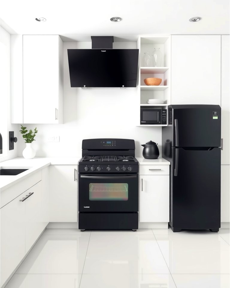 30 White Kitchen Designs with Bold Black Appliances