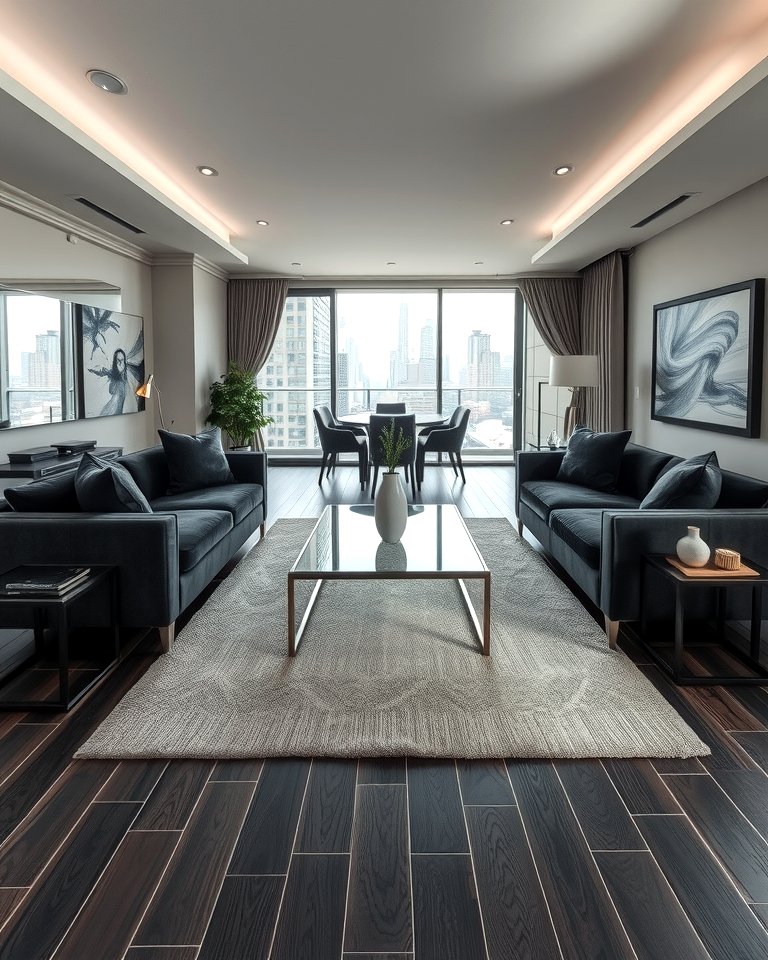 30 Grey Living Room &amp; Dark Wood Floor Design Combinations