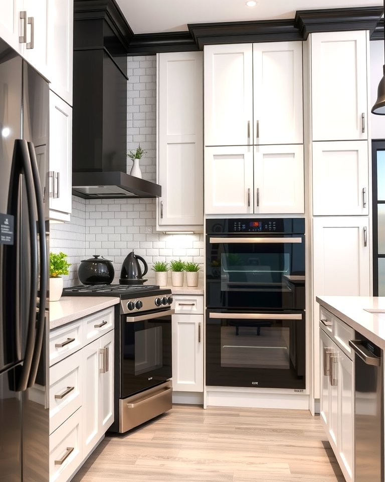 30 White Kitchen Designs with Bold Black Appliances