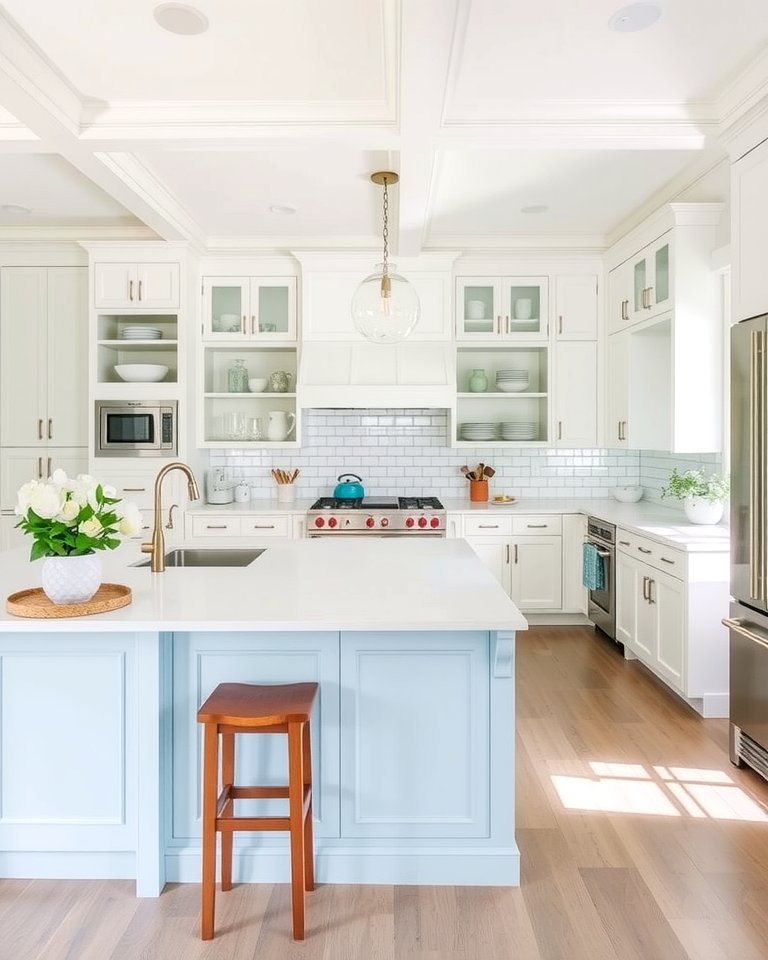 25 White Kitchen Cabinets With Blue Island Ideas